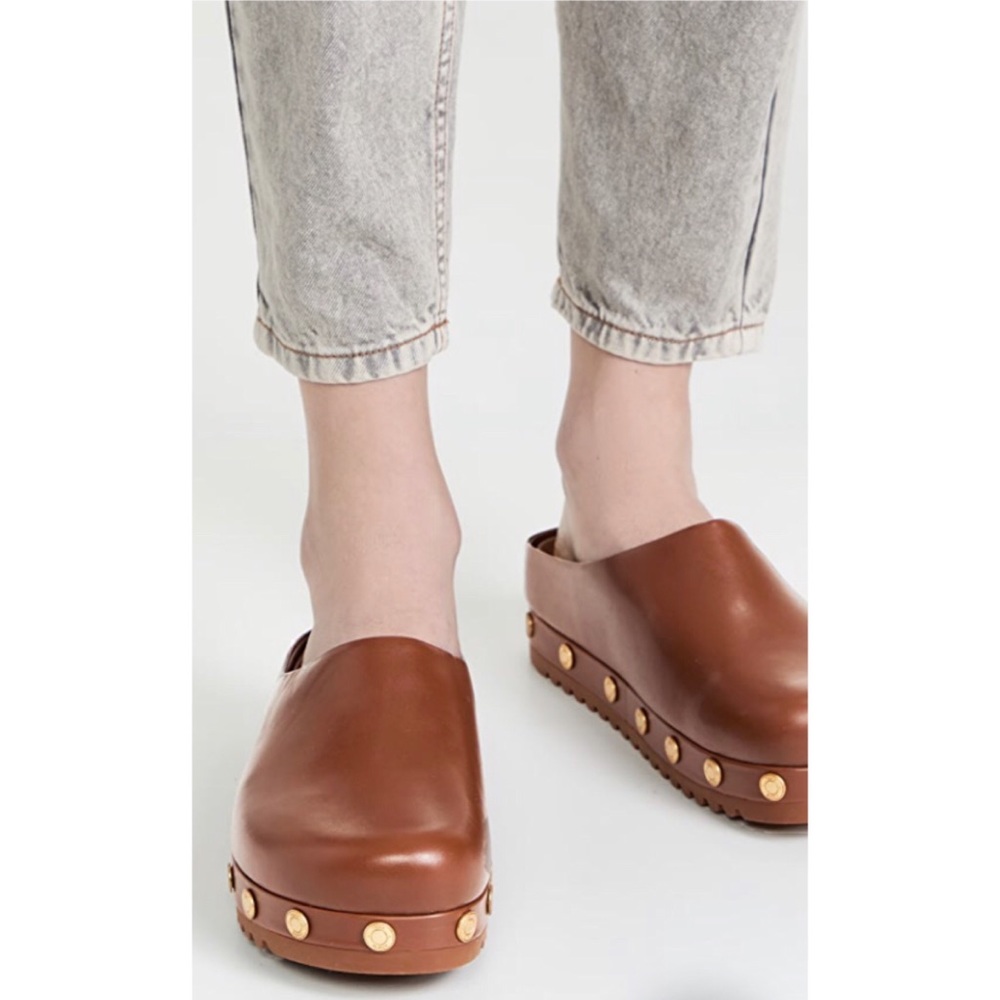 Tory Burch Brown Coin Leather Lug Sole Stud Slide Mule, Sz 7
